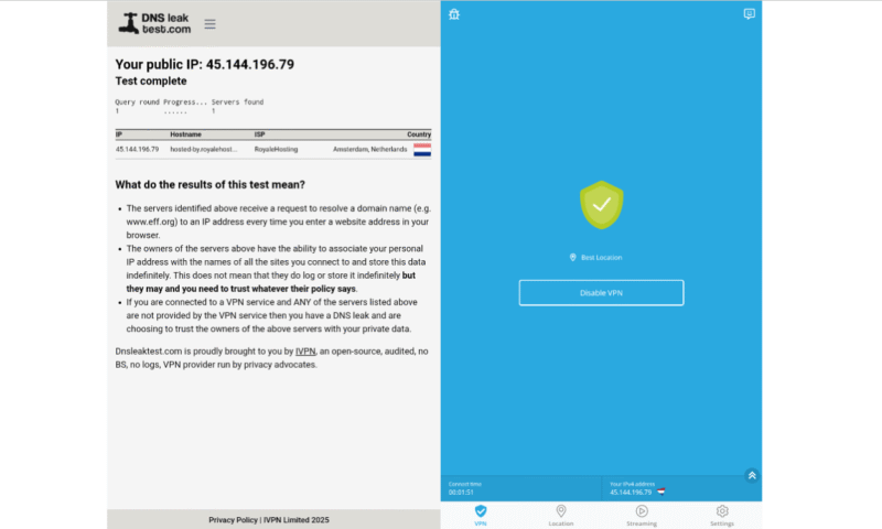 android free vpn hideme leak test