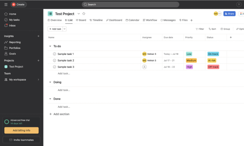 asana user interface