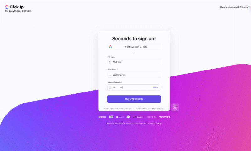 clickup signup page