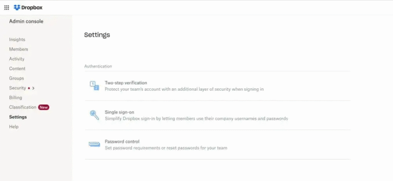 dropbox business security settings