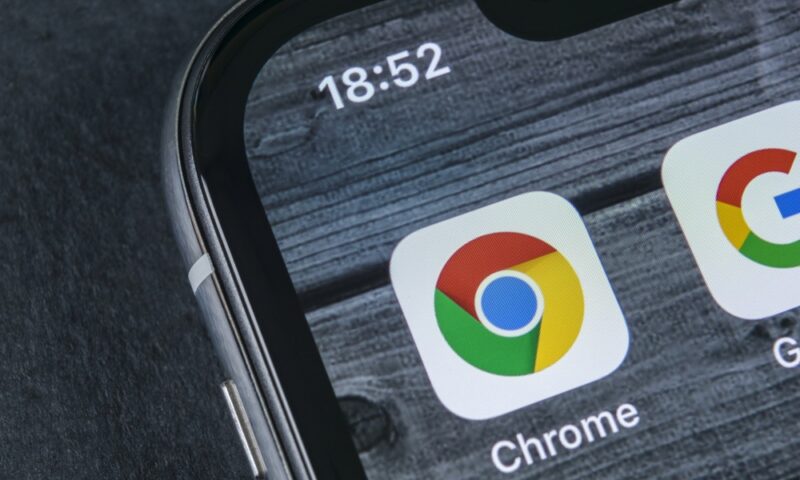 Sankt-Petersburg, Russia,April 12, 2018: Google Chrome application icon on Apple iPhone X screen close-up. Google Chrome app icon. Google Chrome application. Social media network google chrome