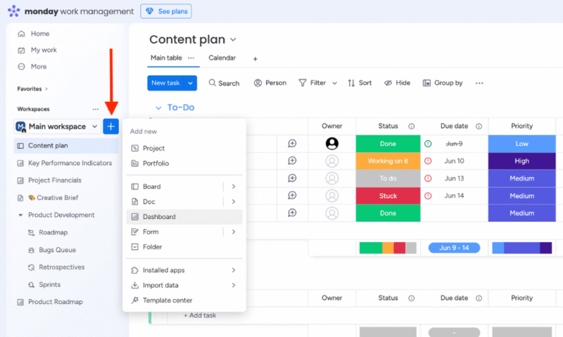 create dashboard monday