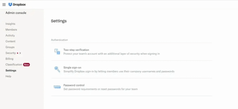 dropbox business security settings