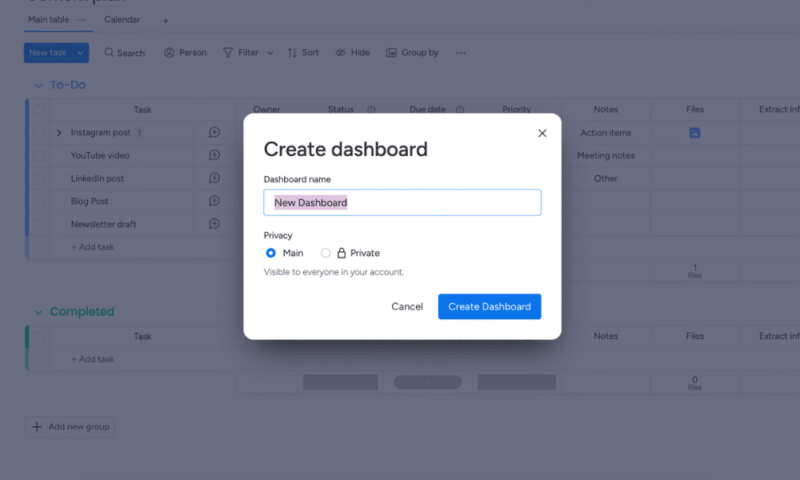 name dashboard monday