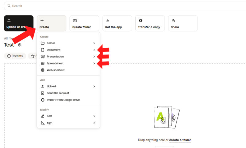 send large files dropbox create