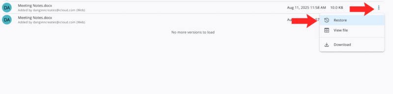 sync select version history