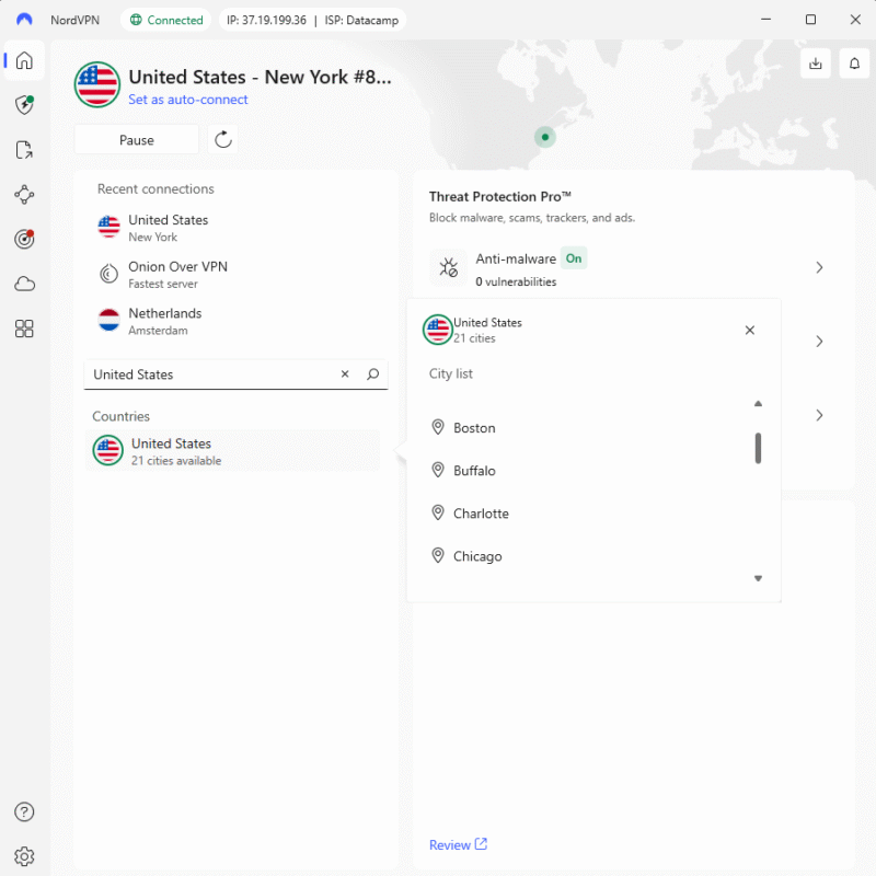 vpn-missouri-nordvpn VPN interface showing US server options