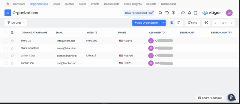 vtiger organizations