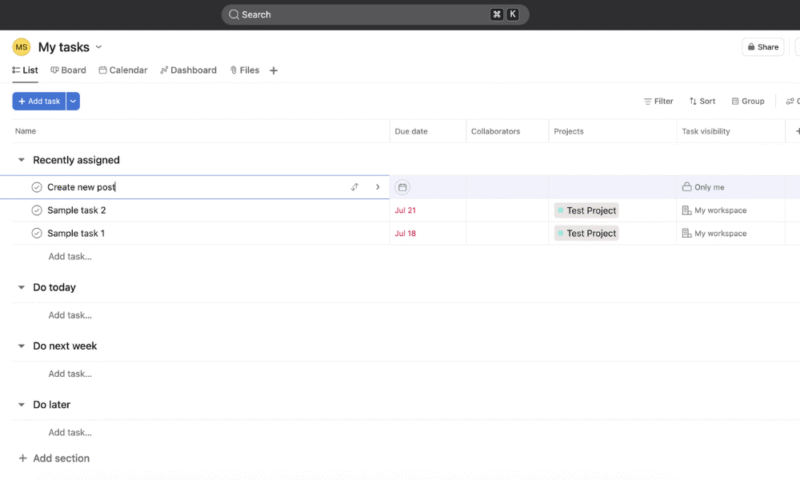 asana tasks interface