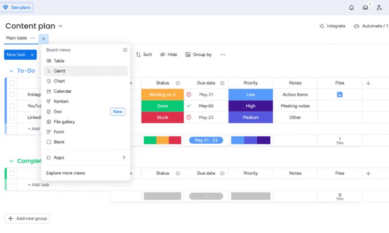 monday user interface