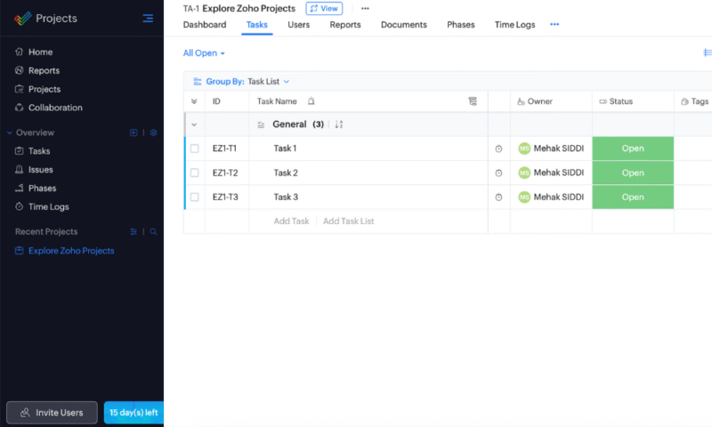 zoho projects user interface