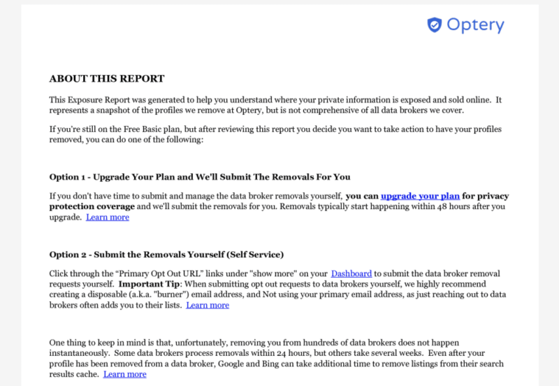 optery exposure report