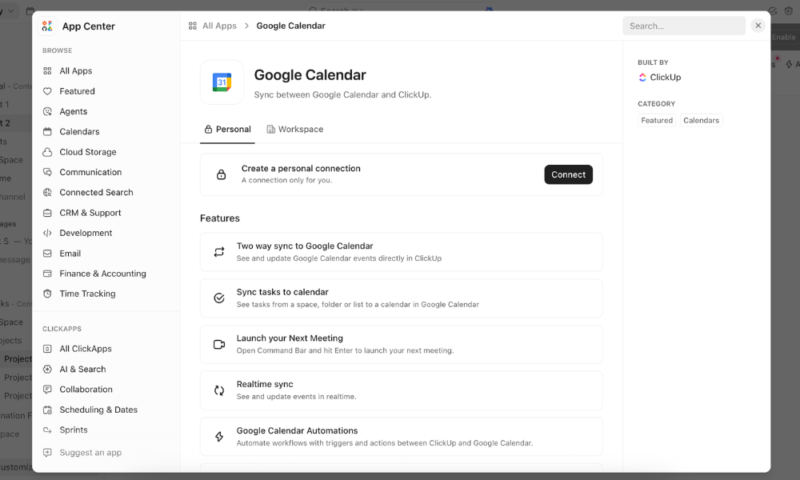 clickup project management app with google calendar integration