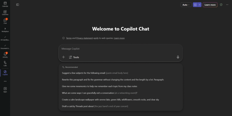 Microsoft 365 Copilot interface
