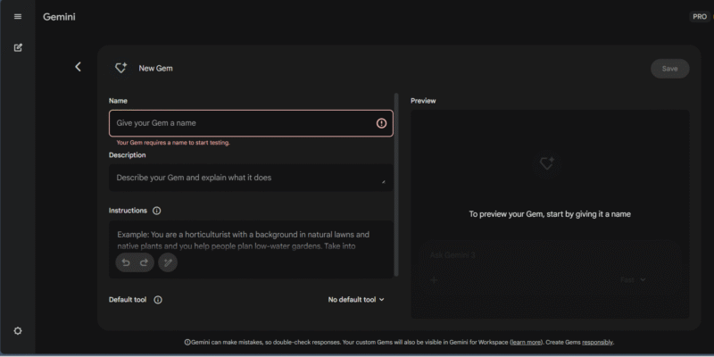 Gemini Gems customization interface