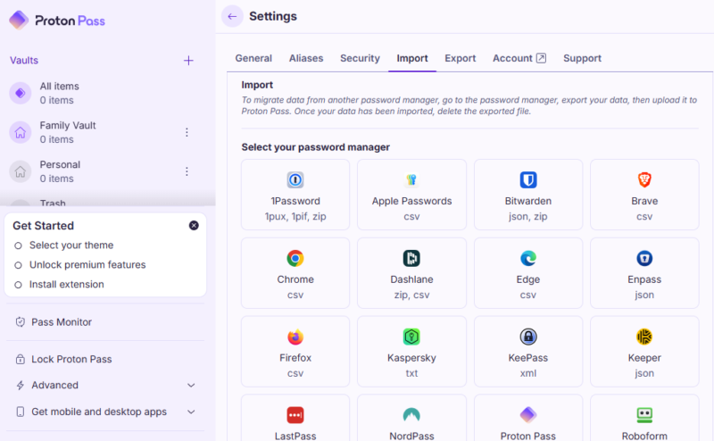 proton pass import passwords