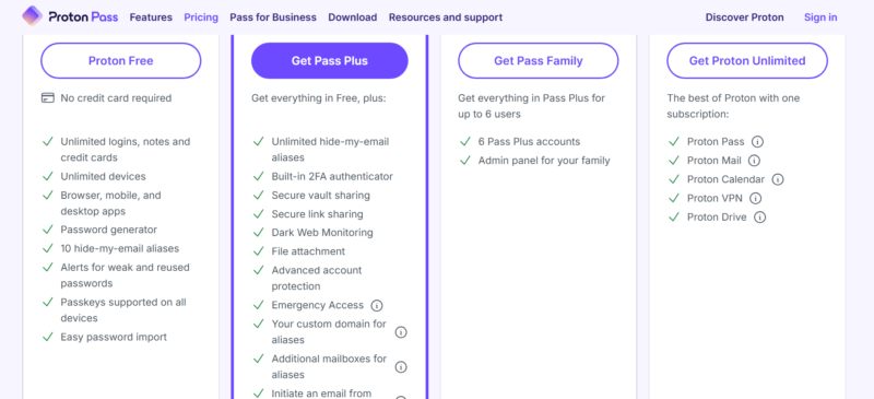 proton pass pricing page
