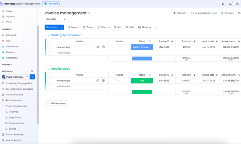 monday invoice management template